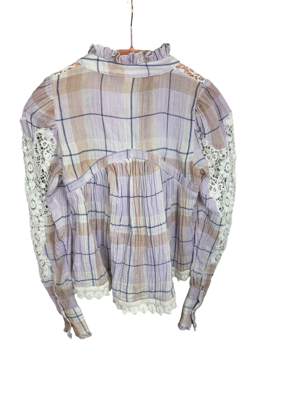 Light Purple Plaid Crochet Trim Button-Up Top - Picture 6 of 14